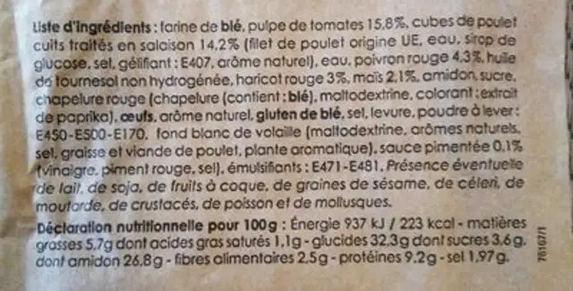 Sandwich Poulet Tex Mex ingredients label