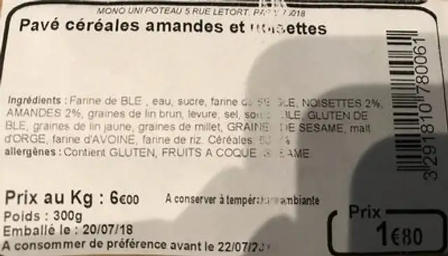 Pavé céréales amandes et noisettes ingredients label