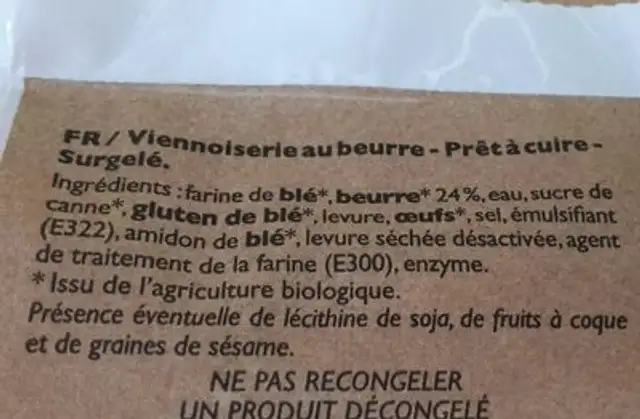 6 croissants bio ingredients label