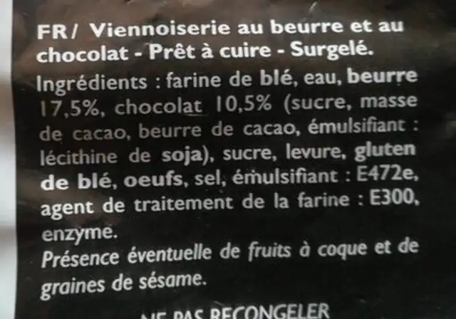 10 pains au chocolat pur beurre ingredients label