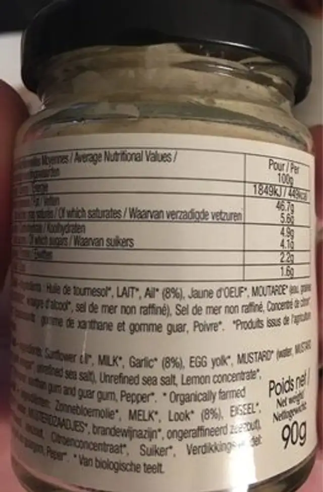 AIOLI PROVENCAL BIO nutrition facts table