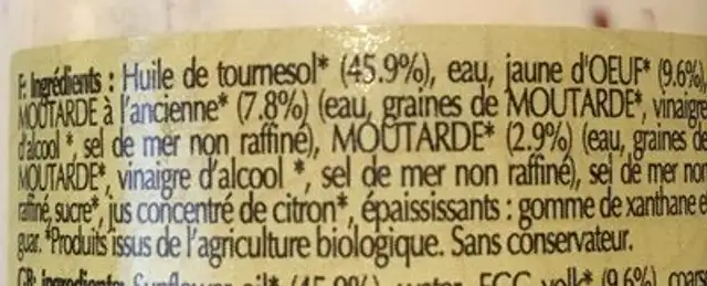 SAUCE MAYONNAISE TRADITION BIO ingredients label