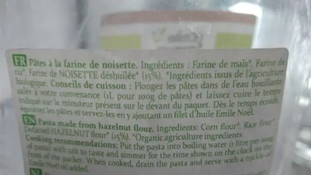 Pâtes à la noisette sans gluten ingredients label