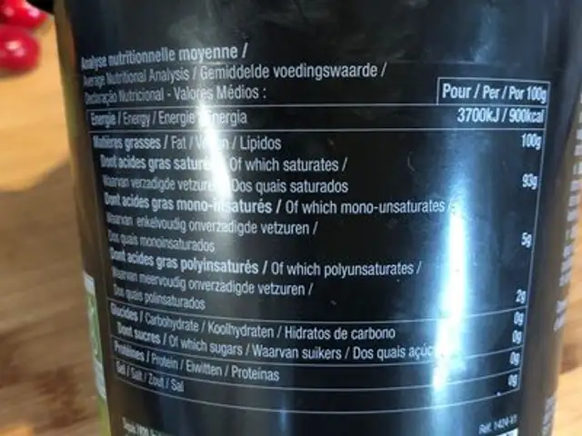 Huile De Coco Désodorisée nutrition facts table