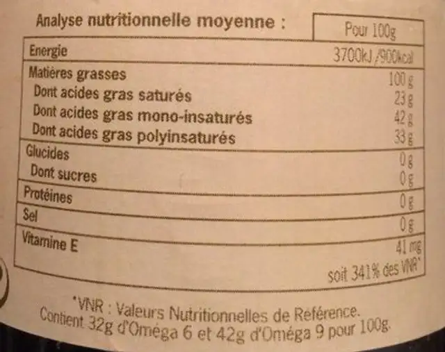 Huile vierge de riz Biologique, 250ml ingredients label
