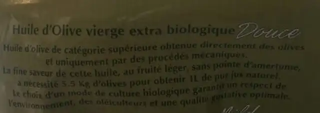 Huile vierge extra biologique ingredients label