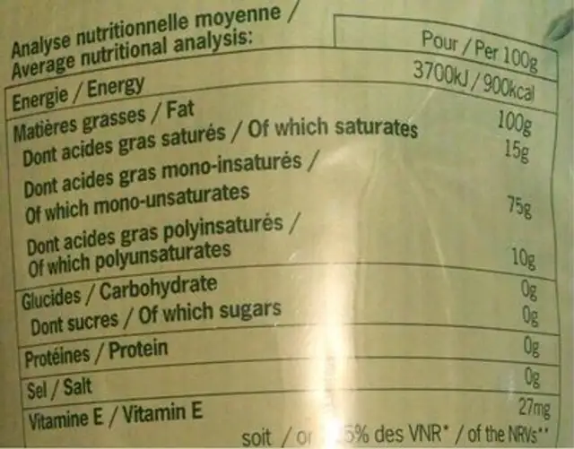 Huile vierge extra biologique nutrition facts table