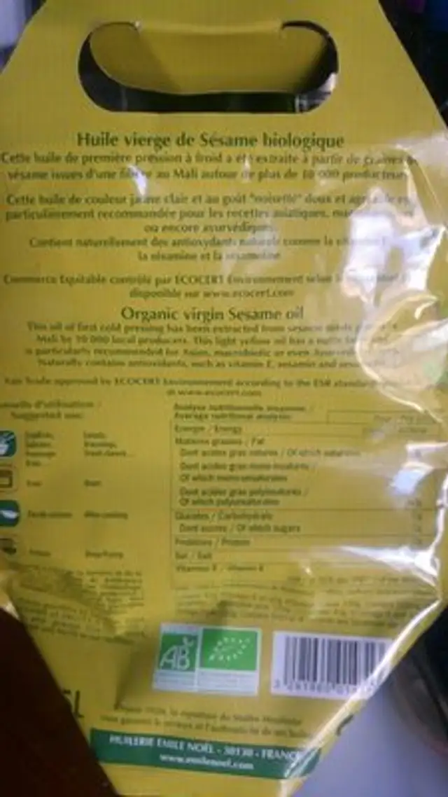 Huile de sésame ingredients label