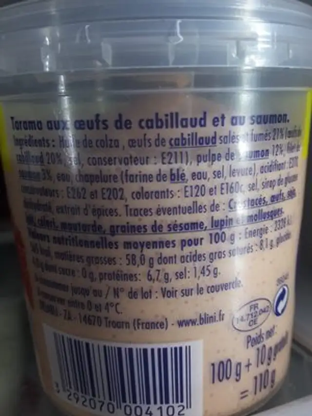 Tarama au saumon fume ingredients label