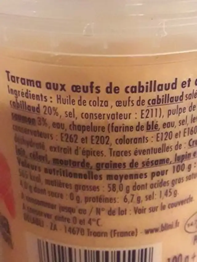 Tarama au saumon fume nutrition facts table