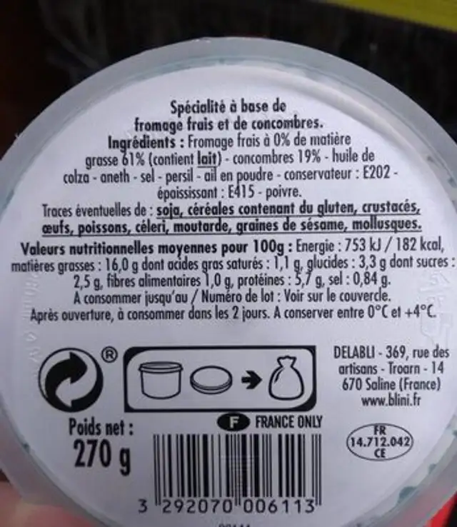 Tzatziki Blini nutrition facts table
