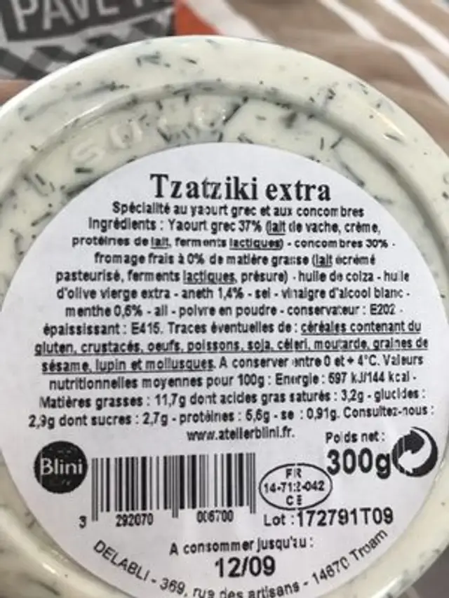 Blini atelier tzatziki max ingredients label