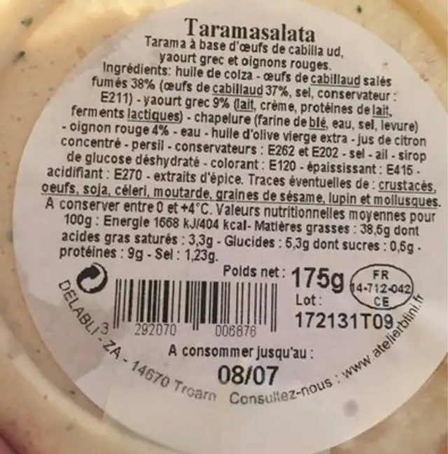 Taramasalata - L'Atelier nutrition facts table