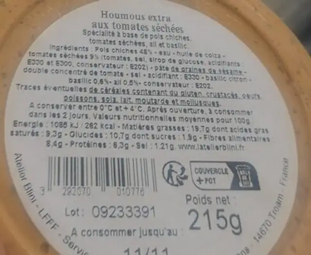 Houmous exta tomates séchés nutrition facts table
