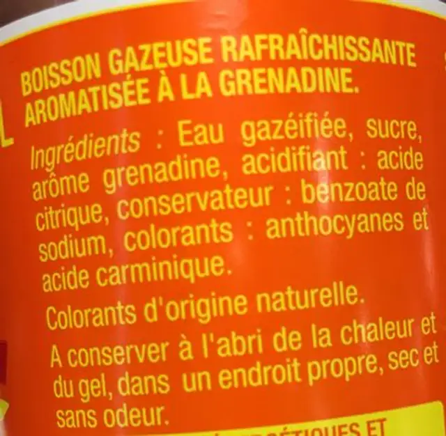 Royal Soda Grenadine ingredients label