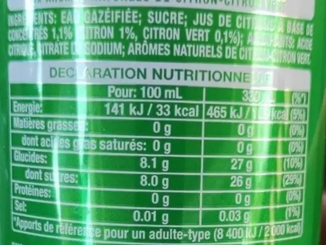 Sprite Citron - Citron vert nutrition facts table