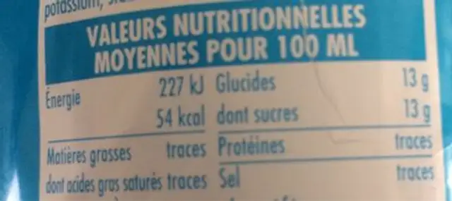 Vaval pamplemousse nutrition facts table