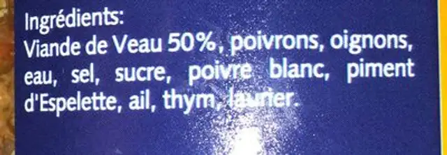 Axoa de veau BIRABEN ingredients label