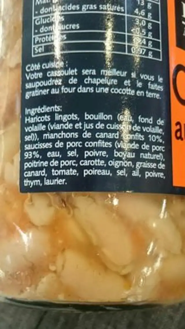 Cassoulet au confit de canard BIRABEN ingredients label