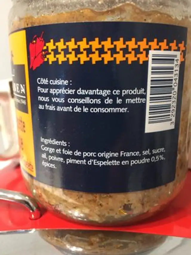 Pate Basque pur porc au piment d'Espelette BIRABEN ingredients label