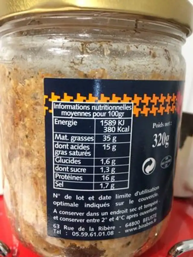 Pate Basque pur porc au piment d'Espelette BIRABEN nutrition facts table