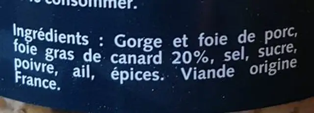 Terrine du Landais au foie gras de canard BIRABEN ingredients label