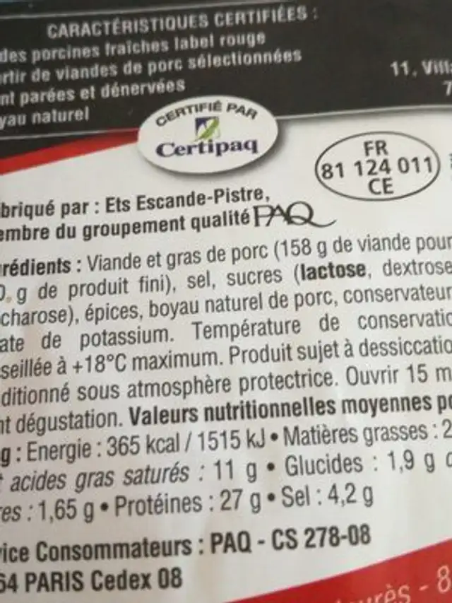 Saucisse sèche ingredients label