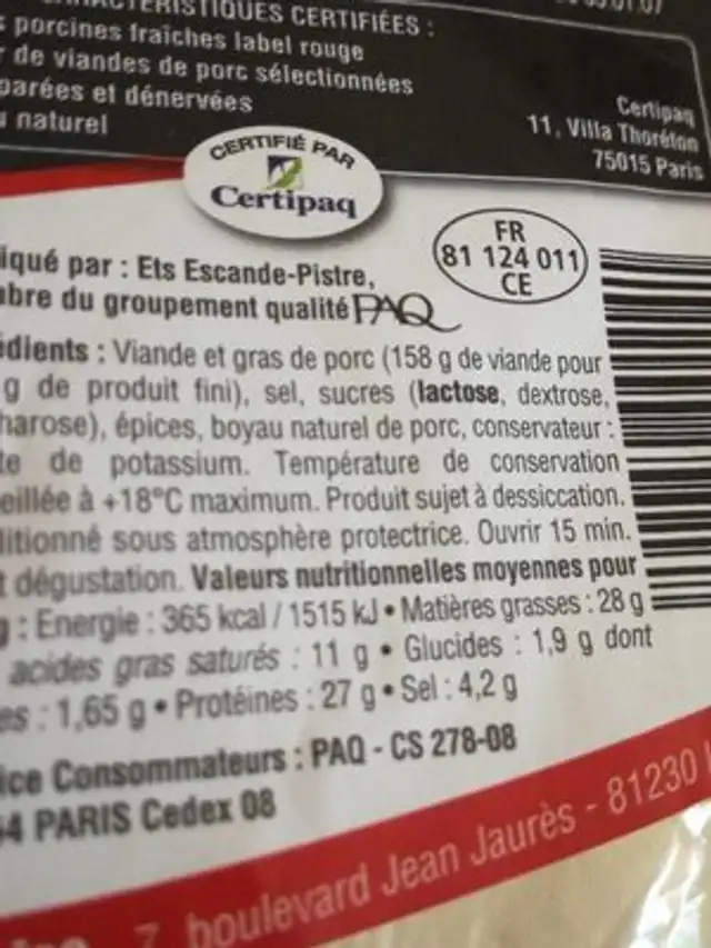 Saucisse sèche nutrition facts table