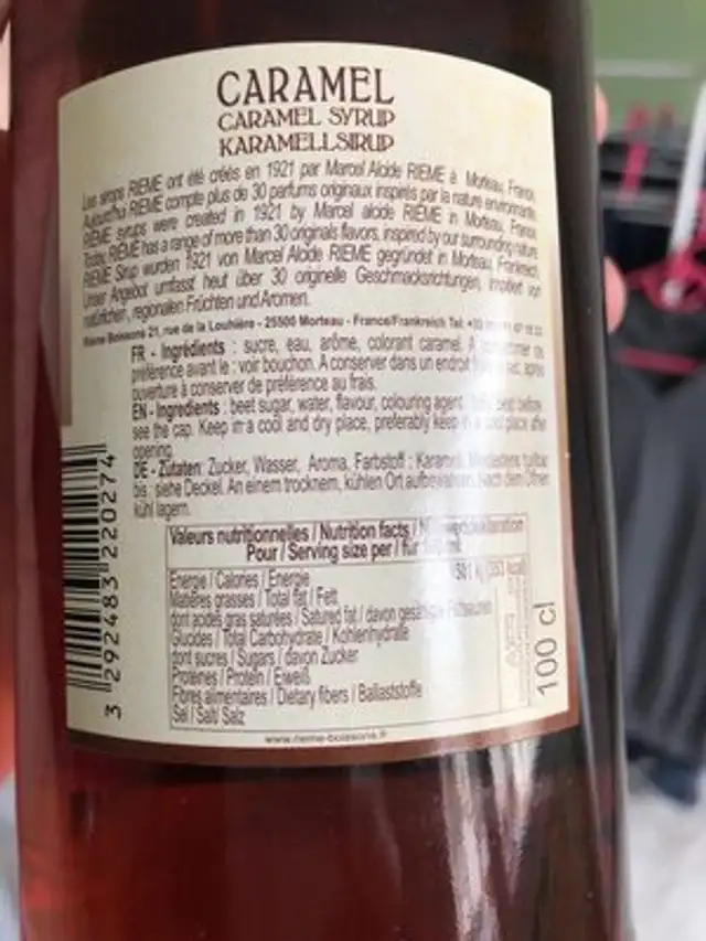 Sirop de caramel RIEME ingredients label