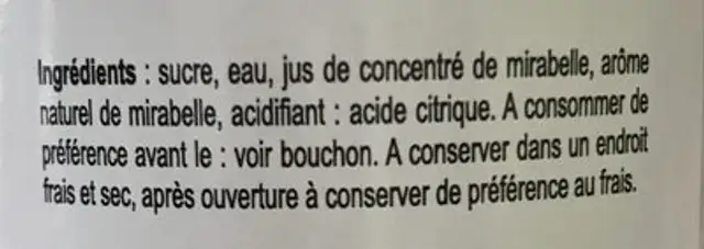 Sirop de mirabelle ingredients label