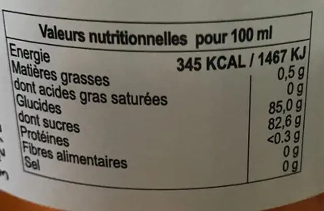 Sirop de mirabelle nutrition facts table