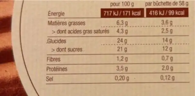 6 bûchettes chocolat vanille nutrition facts table