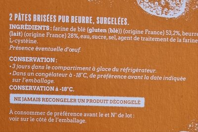 Pâtes brisées pur beurre ingredients label