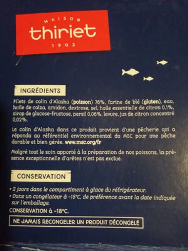 Filet de colin d'alaska meuniere ingredients label