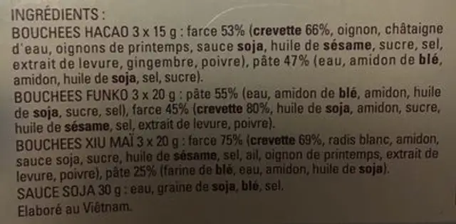Assortiment Bouchées vapeur ingredients label