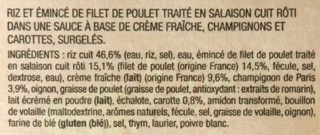Blanquette de volaille et riz ingredients label