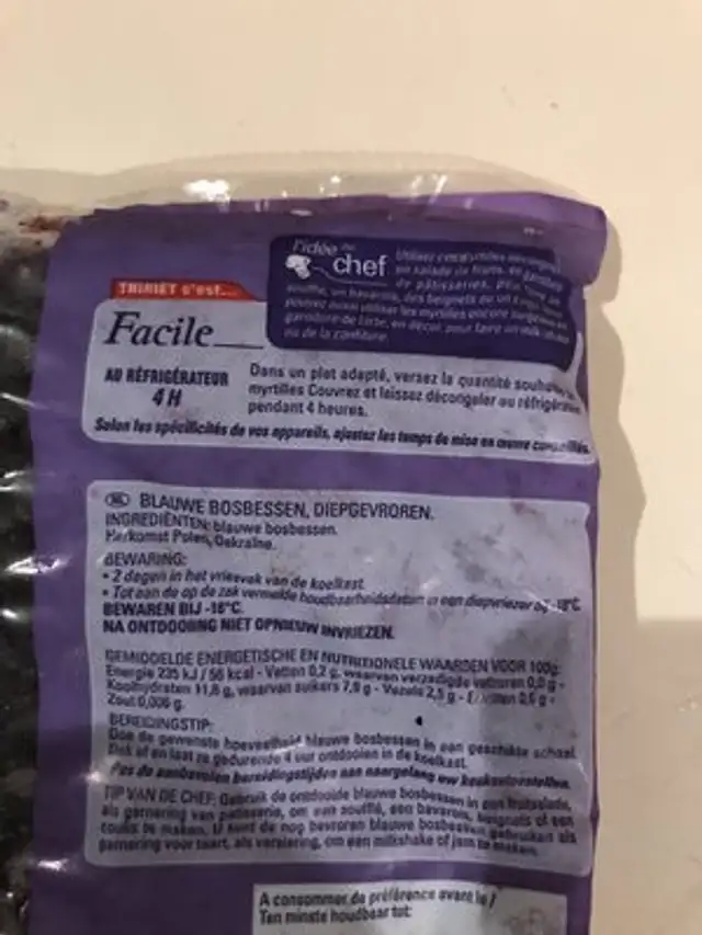 Myrtilles ingredients label