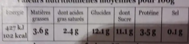 Yaourts fermiers brassés myrtilles nutrition facts table
