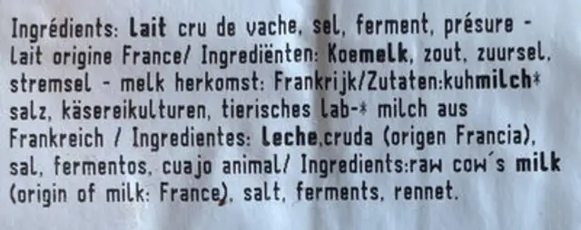 Abondance de Savoie ingredients label