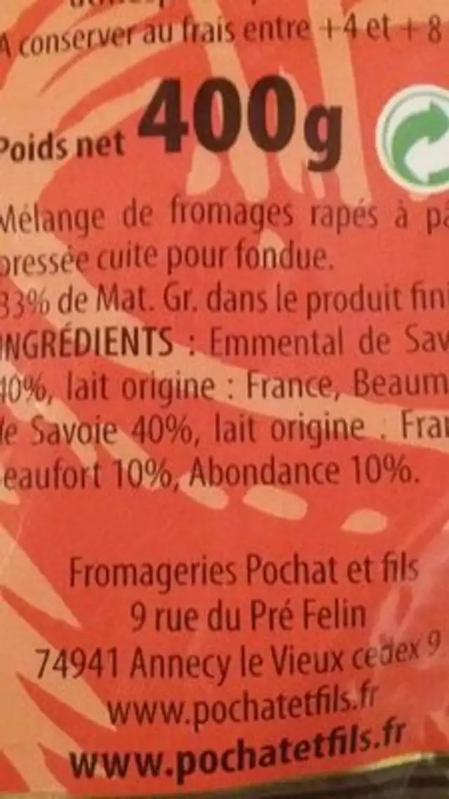 Pochat fondue savoyarde ingredients label