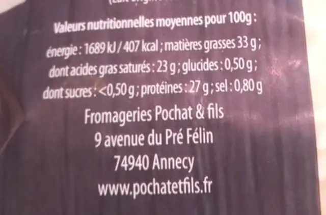Pochat fondue savoyarde nutrition facts table