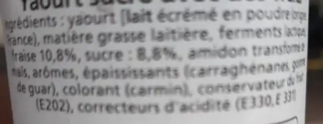 Panier de Yoplait Fraise ingredients label