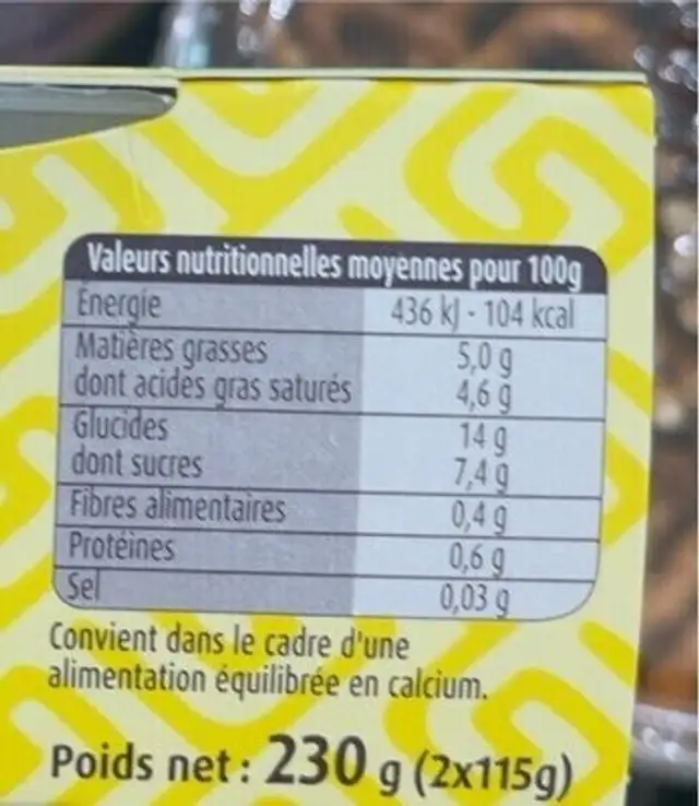 A la grecque nutrition facts table
