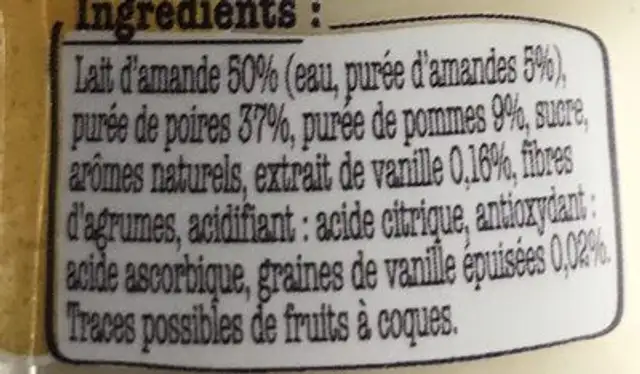 Lait d amande poire et vanille ingredients label