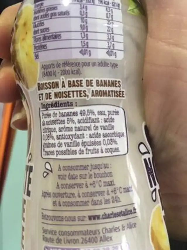 so noisette banane vanille ingredients label