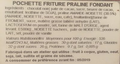 Pochette friture praline fondant ingredients label