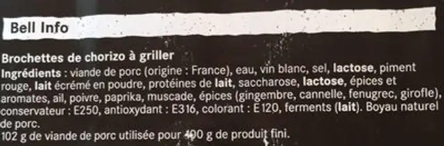Mini Diots BBQ chorizo ingredients label