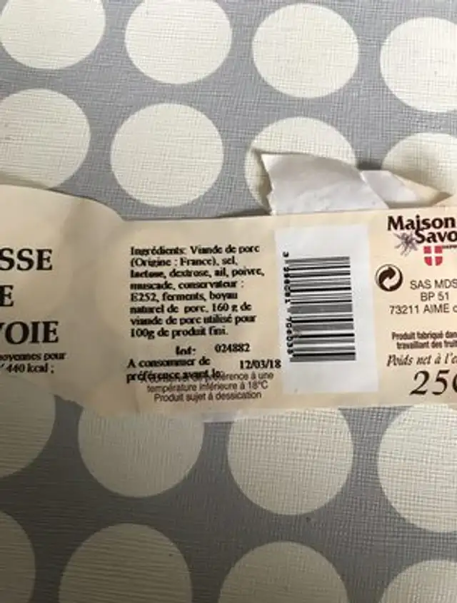Saucisse seche de Savoie ingredients label