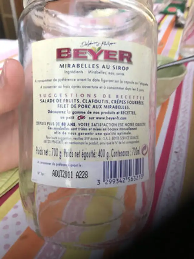 Mirabelle au sirop nutrition facts table