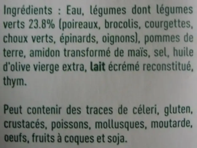 Velouté de Légumes verts ingredients label